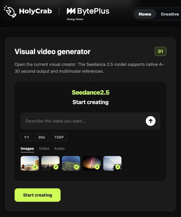HolyCrab official website visual video generator preview showing prompt input and media references
