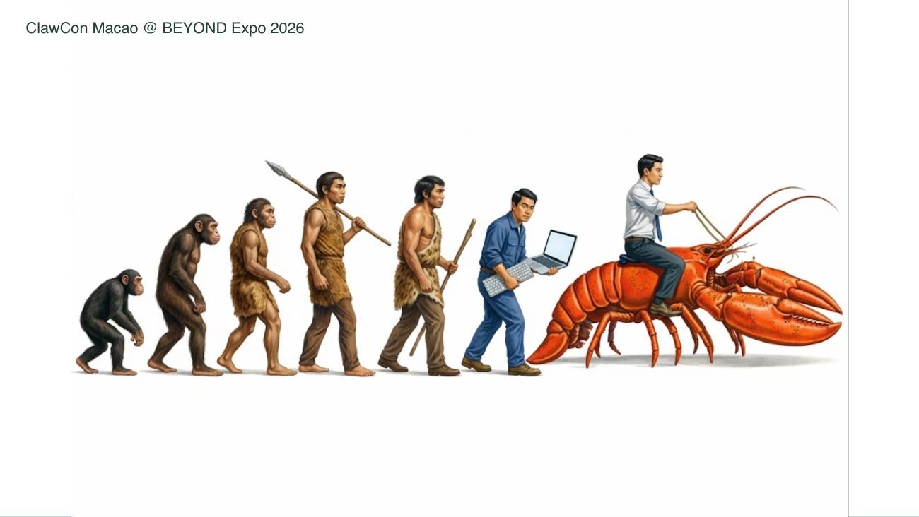 Human evolution ends with a person riding a lobster and holding the reins